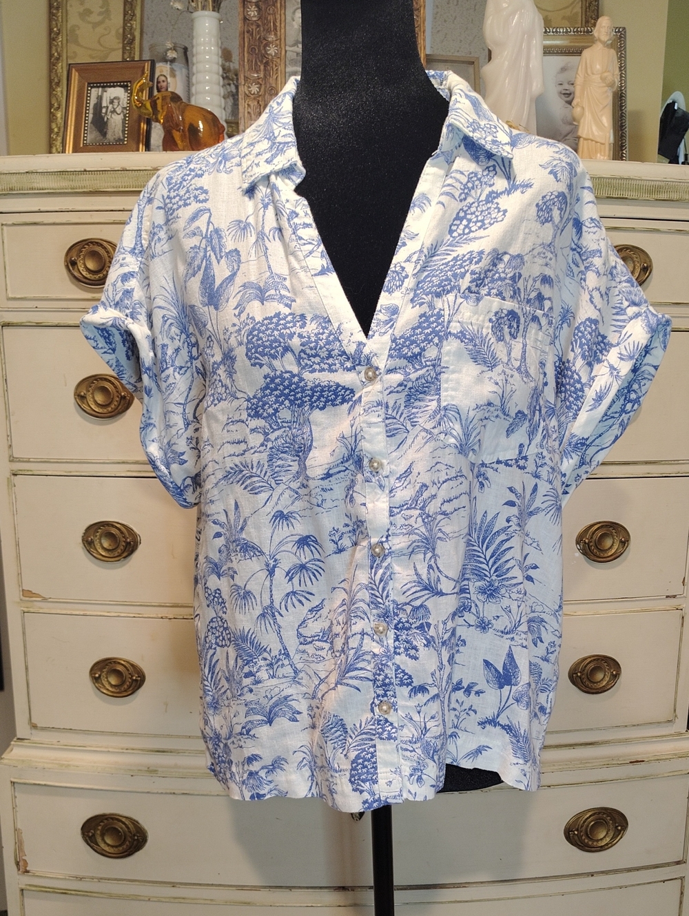 Nicole Miller White Linen Shirt with Blue Tropical Print